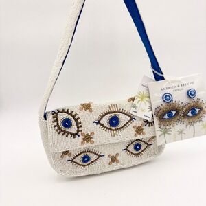 America & Beyond Beaded Evil Eye Shoulder Bag Purse Blue White Gold